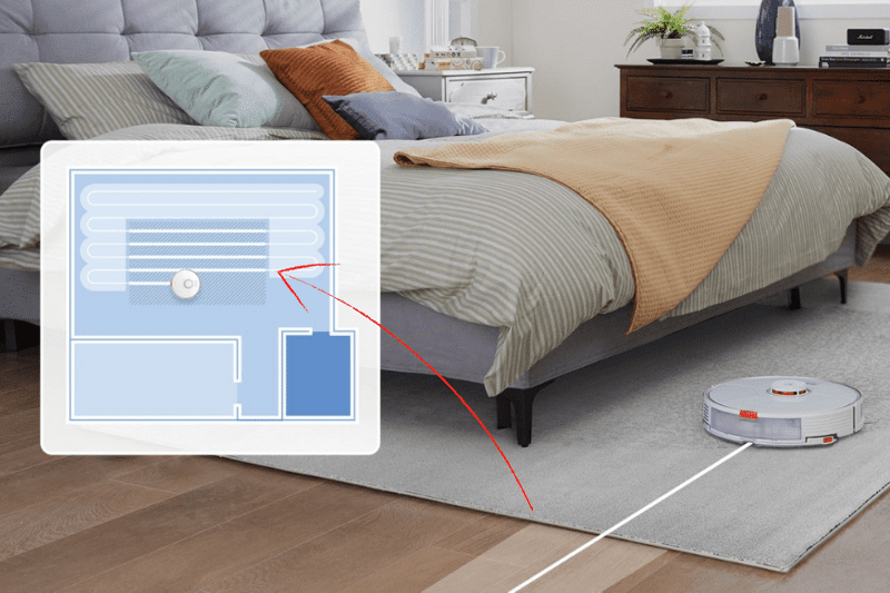 The Roborock S7 marks carpets as shaded areas on the map